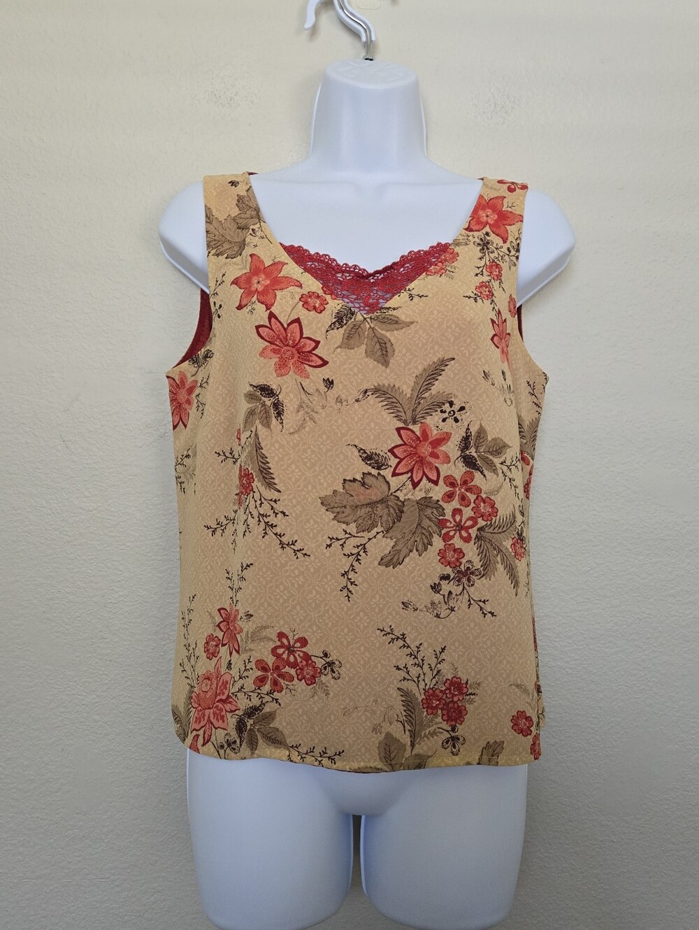 Vintage Y2K Bohemian Floral Tan Red Asian Inspired Blouse Top Medium Hippie